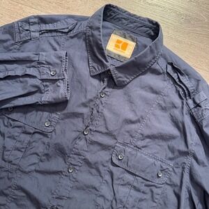 Hugo Boss Orange Shirt Mens XXL Blue 100% Cotton Epaulette Utility Gorpcore